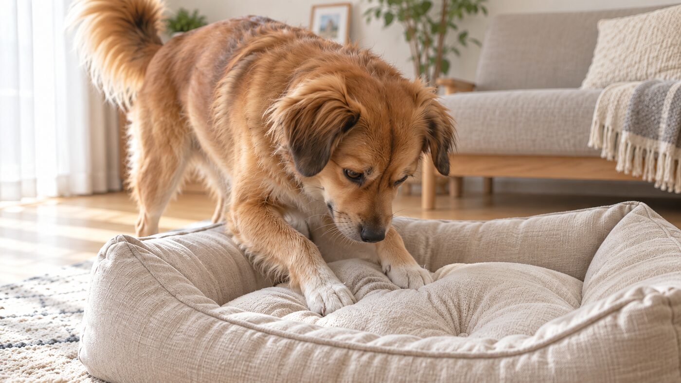 クッションを前足で整える犬の様子