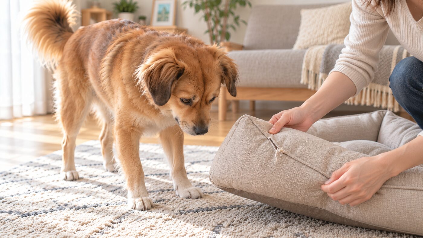 飼い主が犬用クッションの破れやほつれを点検する様子