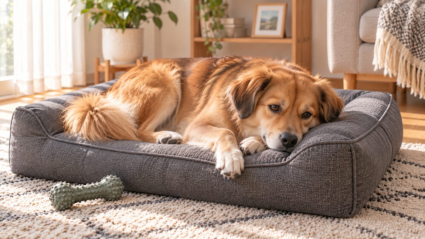 丈夫な濃い色の犬用ベッドで落ち着いて休む犬