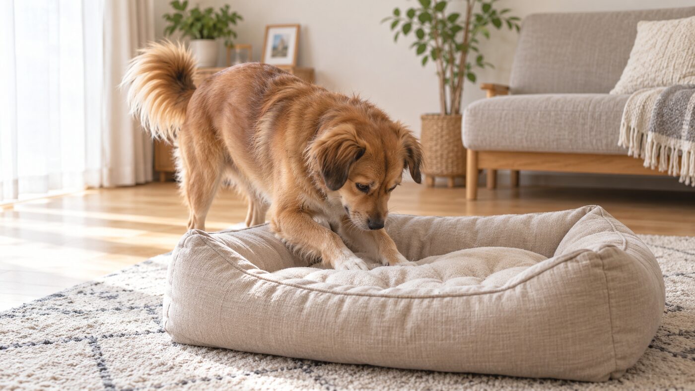 ベージュのクッションを前足で掘る茶色い犬