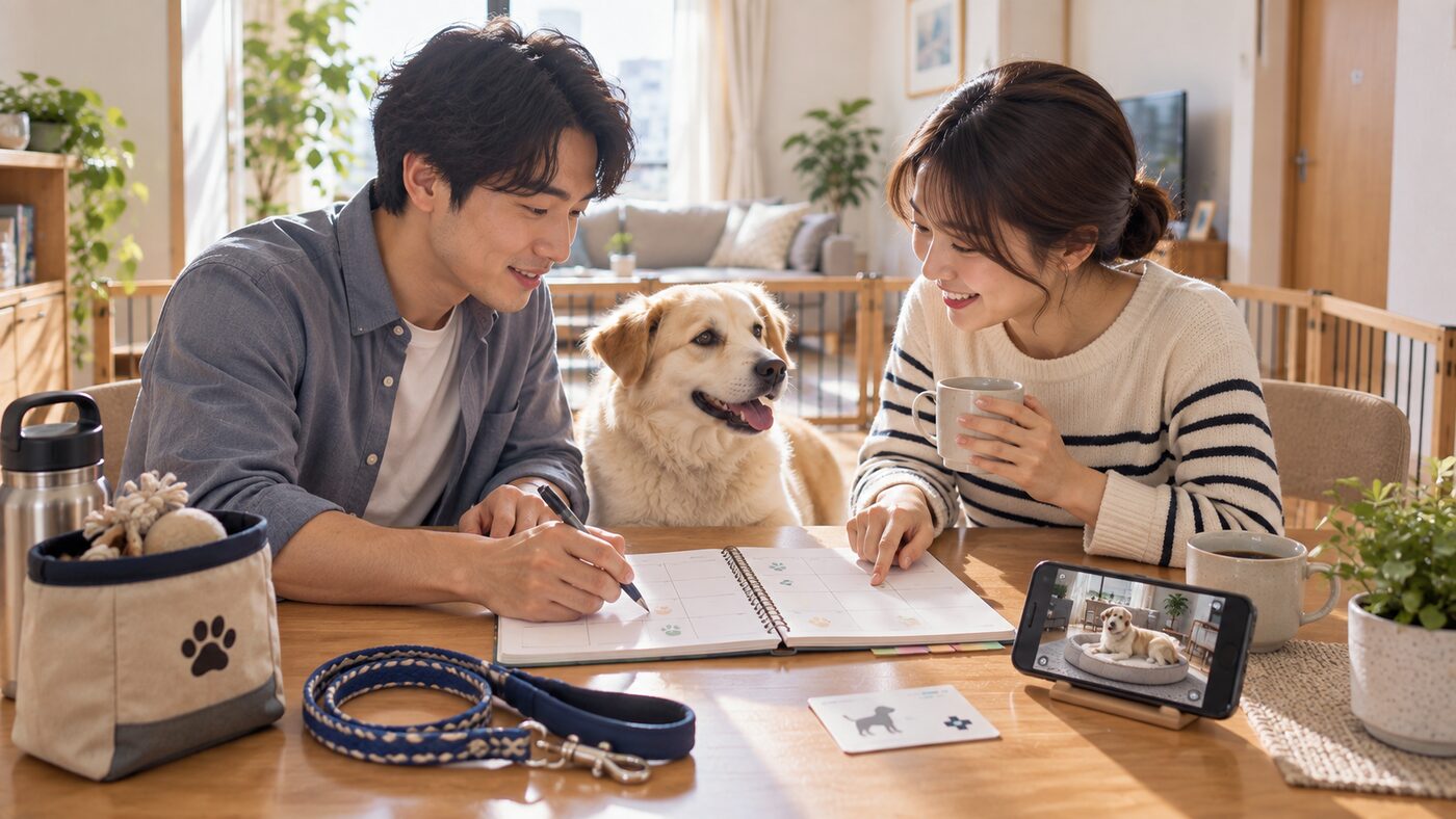 週間予定表と見守りカメラを見ながら犬の世話を相談する夫婦