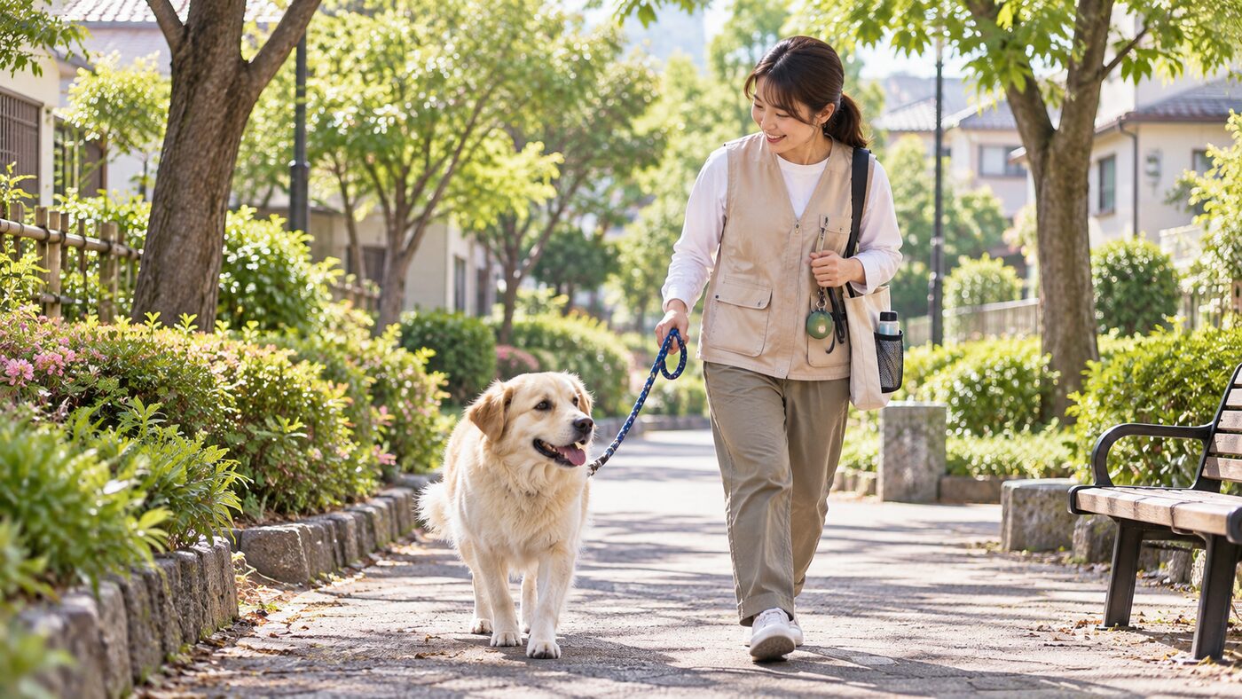 住宅街の公園で犬を散歩させるペットシッター