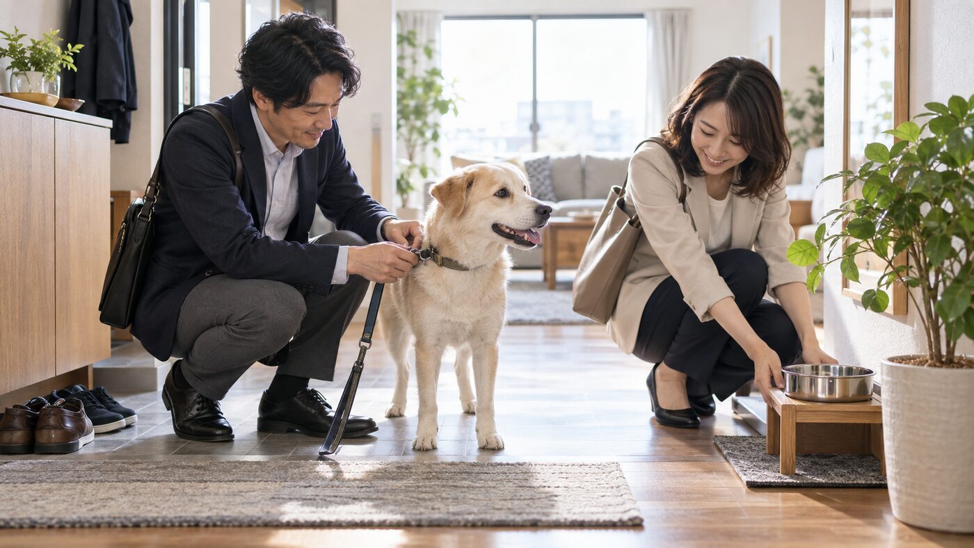 出勤前に犬の水や散歩の準備を分担する共働き夫婦